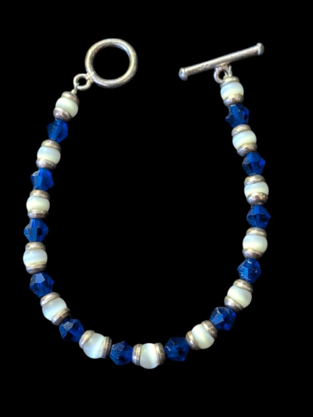 925 Sterling Silver White Cats Eye Blue Crystal Size 7" Bracelet